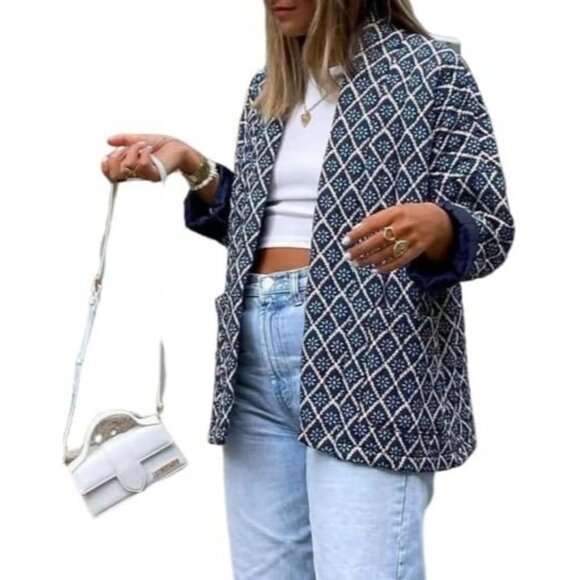 Women's Floral Quilted Jackets Cropped Button Down Padded Puffer Jacket Navy - Picture 3 of 8